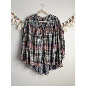 Free People Come On Over Multicolor Plaid Pleated Flowy Oversized Top Boho S